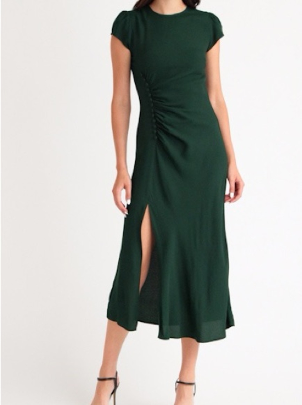 Reformation Frasier Green Ruched Side-Slit Midi Dress Size 2